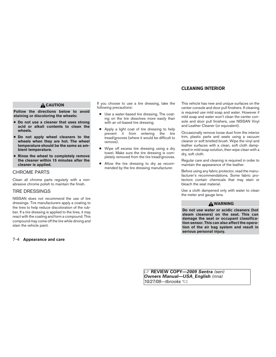 Chrome parts -4 tire dressings -4, Cleaning interior -4 | NISSAN 2009 Sentra User Manual | Page 242 / 326