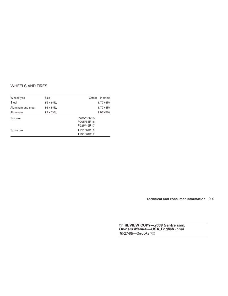 Wheels and tires -9 | NISSAN 2009 Sentra User Manual | Page 297 / 326