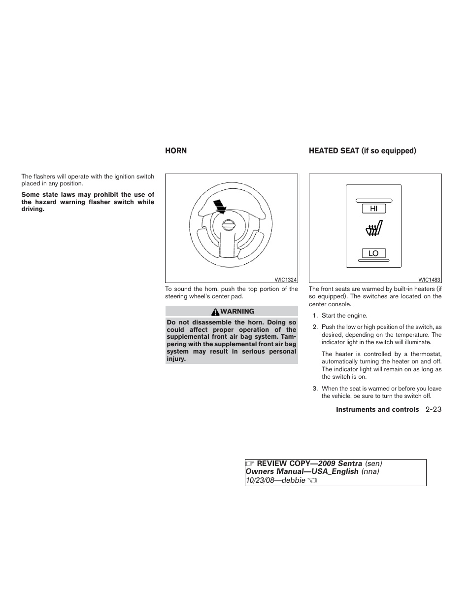 Horn -23 heated seat (if so equipped) -23 | NISSAN 2009 Sentra User Manual | Page 97 / 326