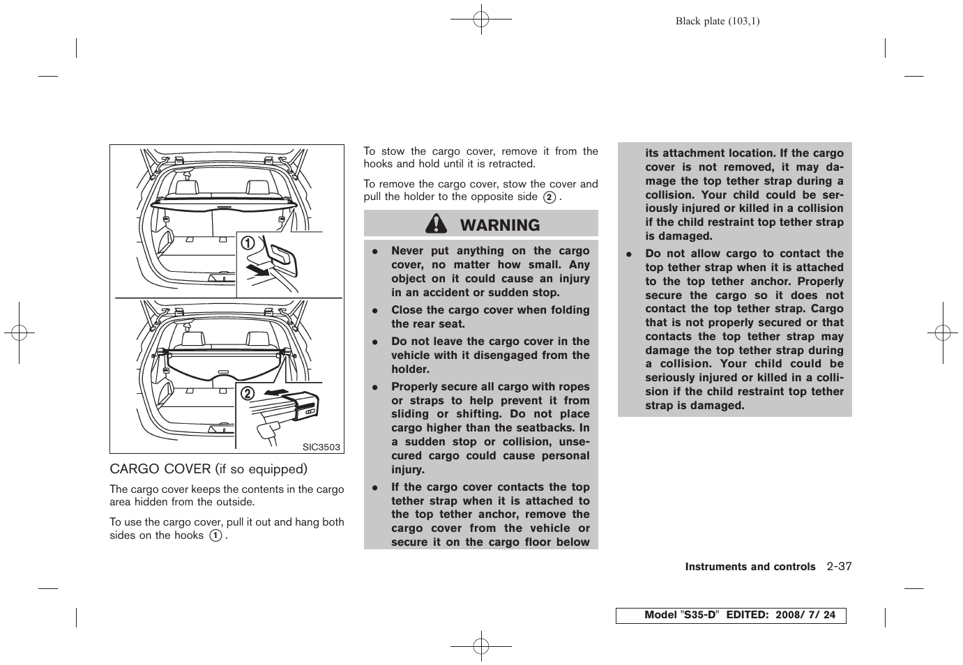 Cargo cover (if so equipped) -37, Warning | NISSAN 2009 Rogue User Manual | Page 105 / 316