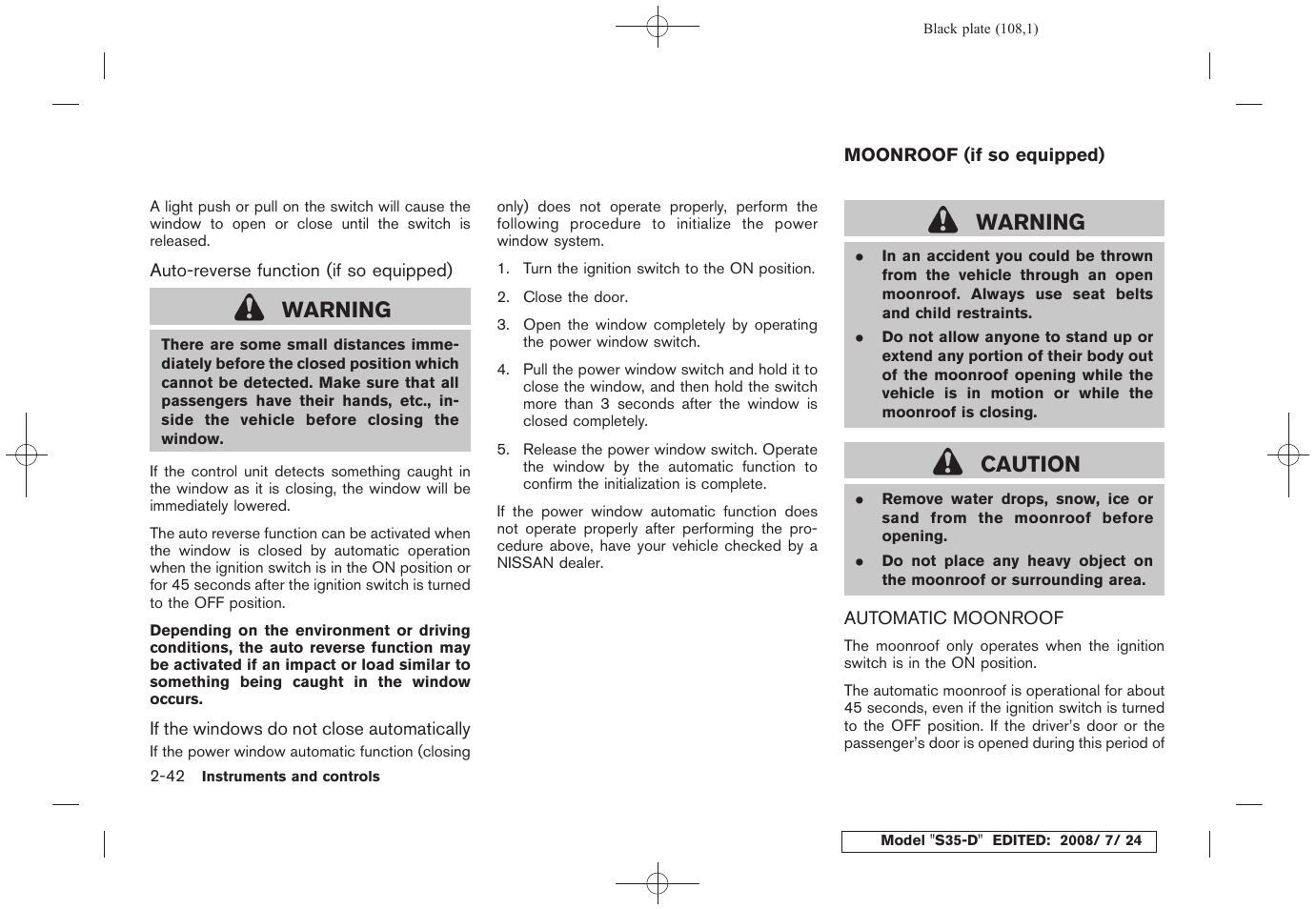 Moonroof (if so equipped) -42, Automatic moonroof -42, Warning | Caution | NISSAN 2009 Rogue User Manual | Page 110 / 316