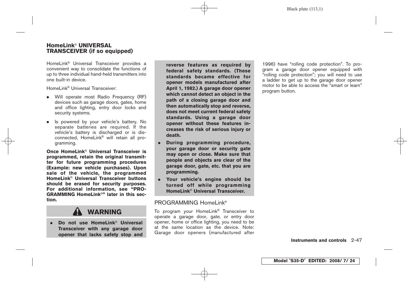 Universal transceiver (if so equipped) -47, Warning | NISSAN 2009 Rogue User Manual | Page 115 / 316