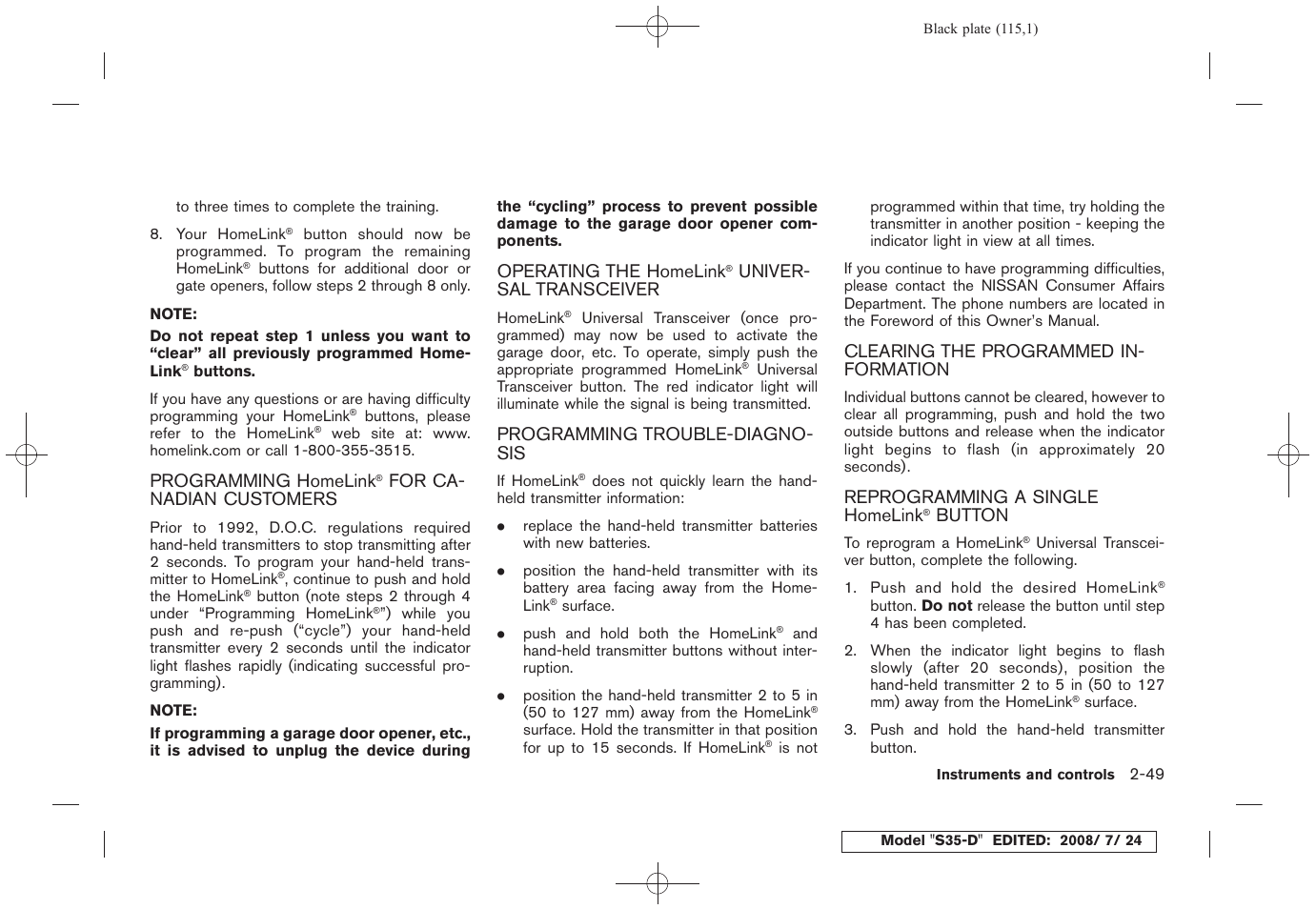Programming homelink, For canadian, Customers -49 operating the homelink | Universal, Button -49 | NISSAN 2009 Rogue User Manual | Page 117 / 316
