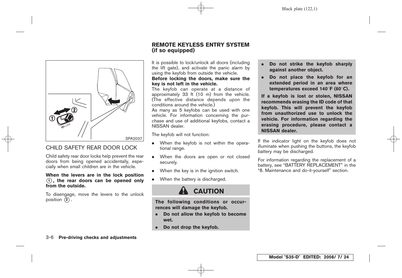Child safety rear door lock -6, Remote keyless entry system (if so equipped) -6, Caution | NISSAN 2009 Rogue User Manual | Page 124 / 316