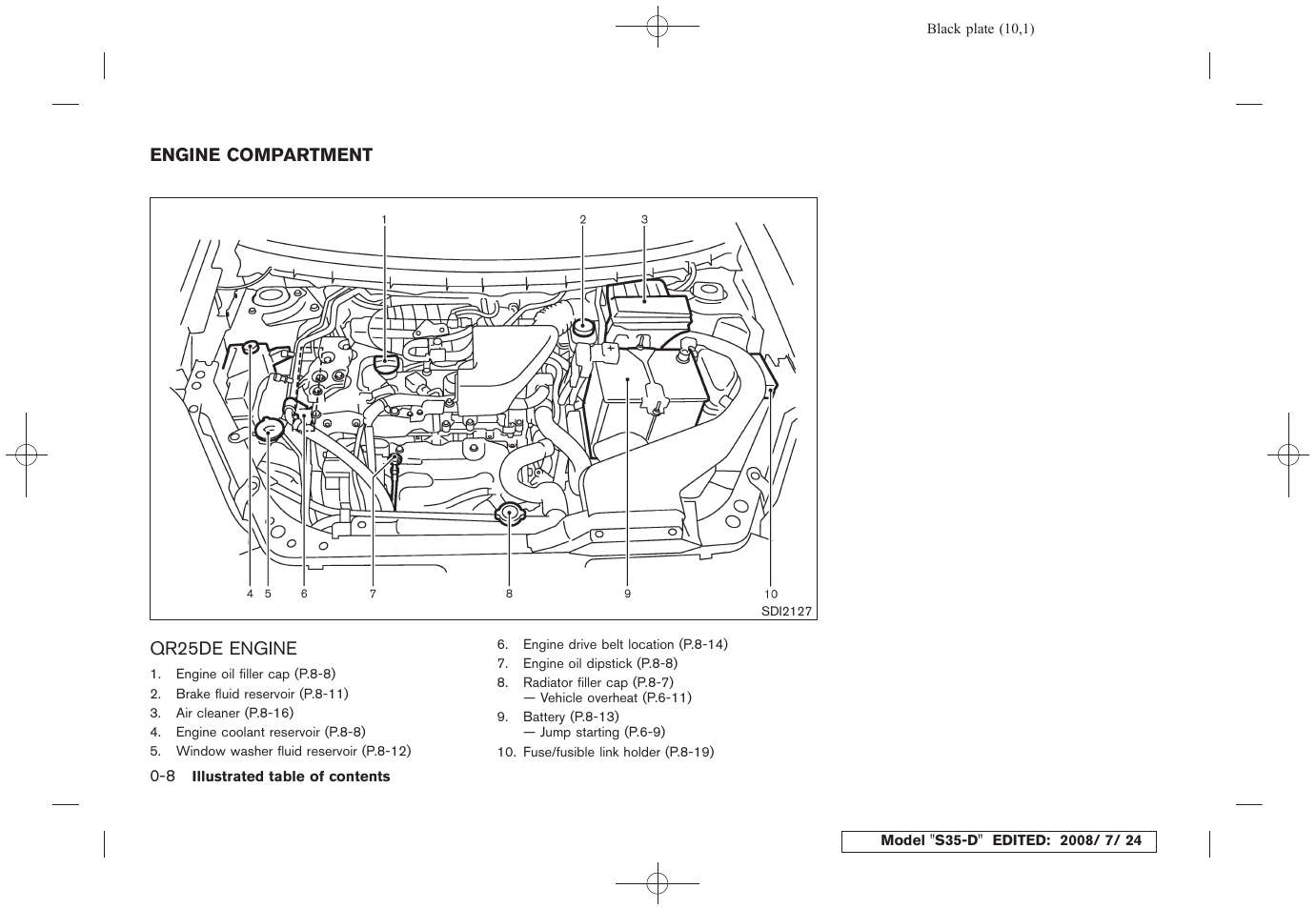 Engine compartment -8, Qr25de engine -8 | NISSAN 2009 Rogue User Manual | Page 13 / 316