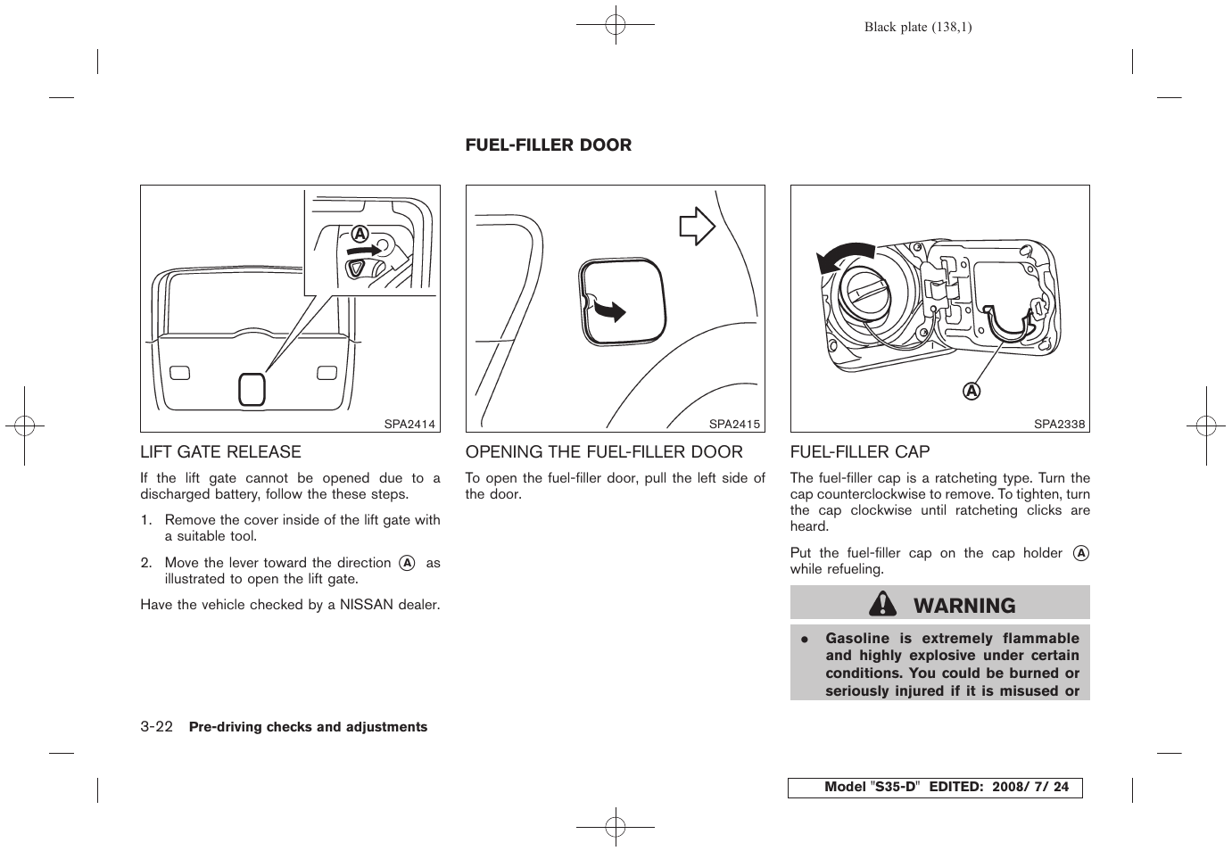 Lift gate release -22, Fuel-filler door -22, Warning | NISSAN 2009 Rogue User Manual | Page 140 / 316