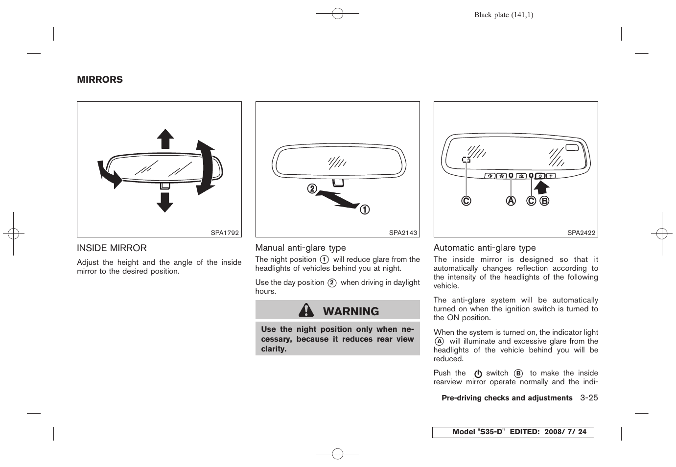 Mirrors -25, Inside mirror -25, Warning | NISSAN 2009 Rogue User Manual | Page 143 / 316