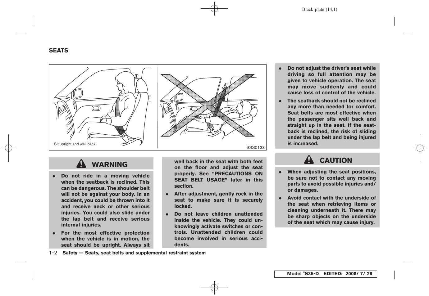 Seats -2, Warning, Caution | NISSAN 2009 Rogue User Manual | Page 15 / 316