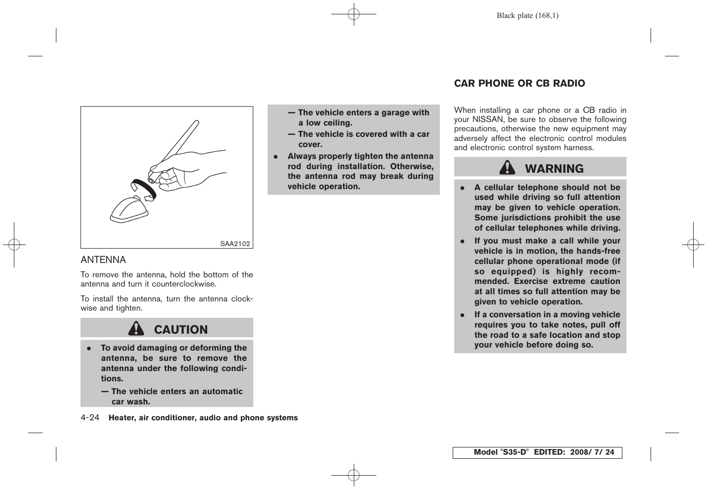 Antenna -24, Car phone or cb radio -24, Caution | Warning | NISSAN 2009 Rogue User Manual | Page 170 / 316