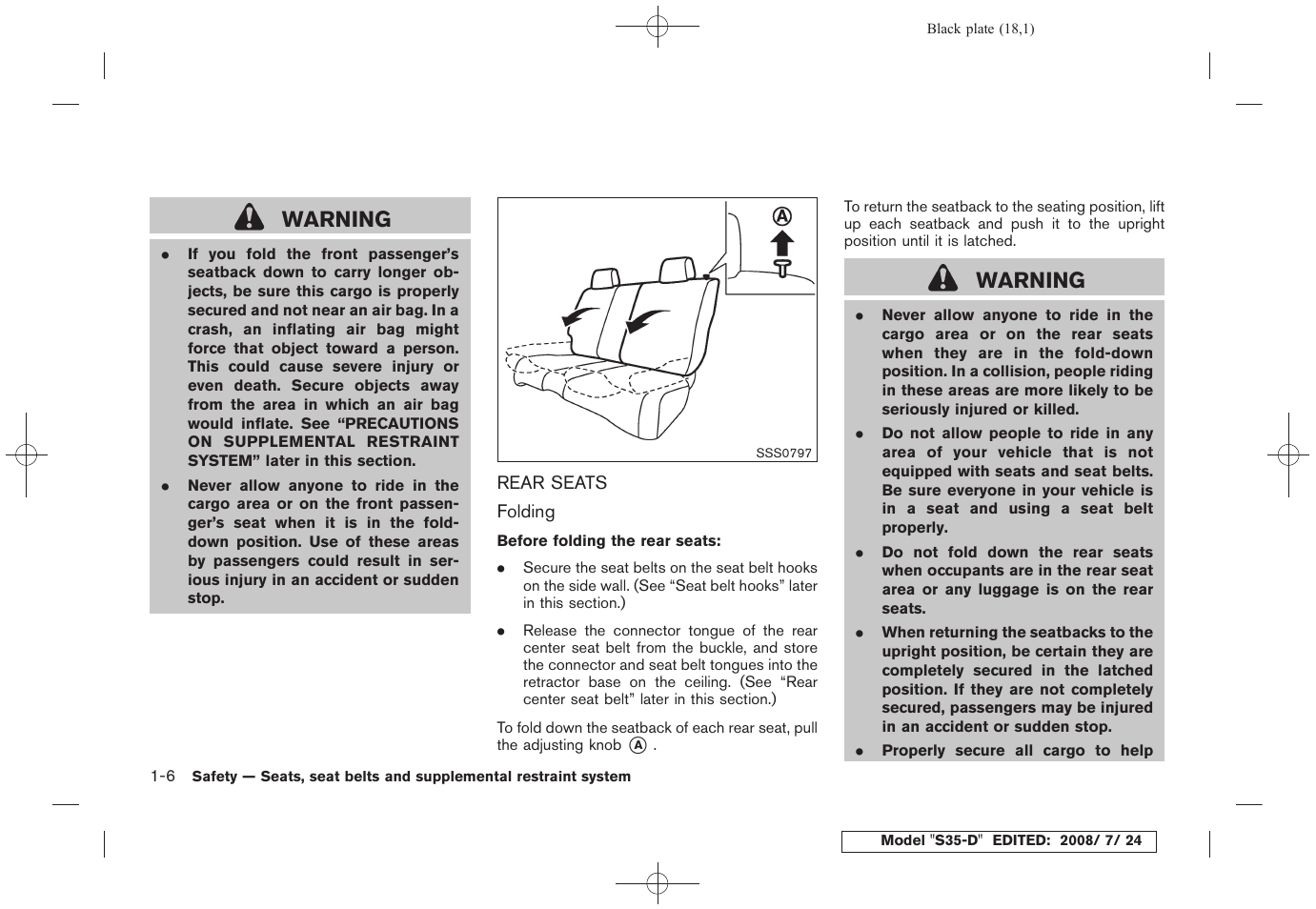 Rear seats -6, Warning | NISSAN 2009 Rogue User Manual | Page 19 / 316