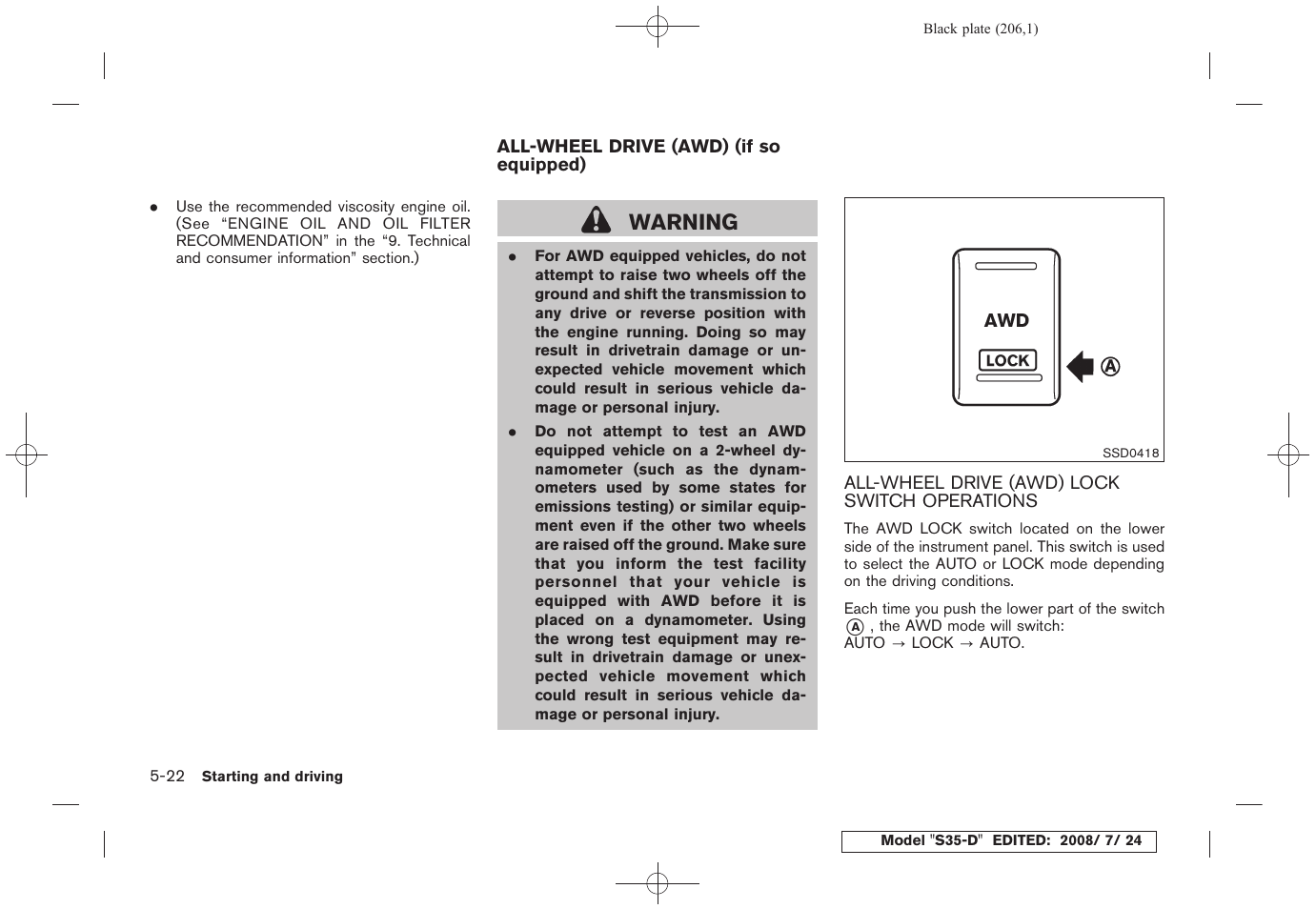 All-wheel drive (awd) (if so equipped) -22, All-wheel drive (awd) lock switch operations -22, Warning | NISSAN 2009 Rogue User Manual | Page 208 / 316