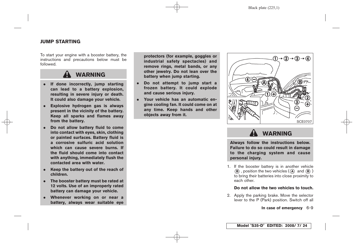 Jump starting -9, Warning | NISSAN 2009 Rogue User Manual | Page 227 / 316