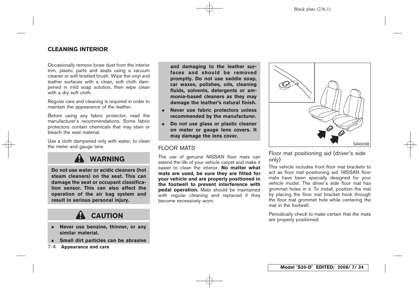 Cleaning interior -4, Floor mats -4, Warning | Caution | NISSAN 2009 Rogue User Manual | Page 238 / 316