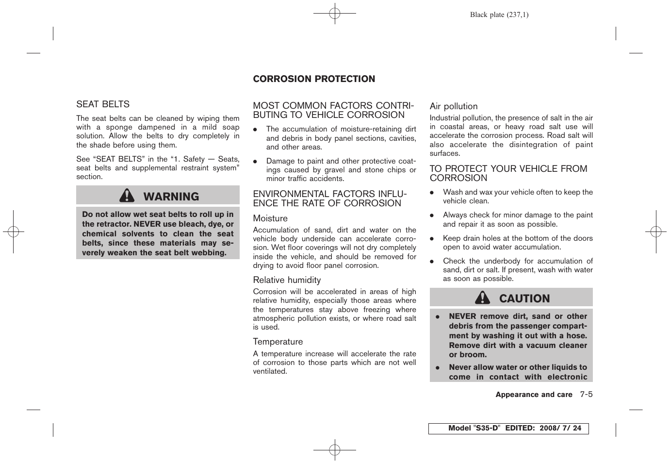 Seat belts -5, Corrosion protection -5, Warning | Caution | NISSAN 2009 Rogue User Manual | Page 239 / 316