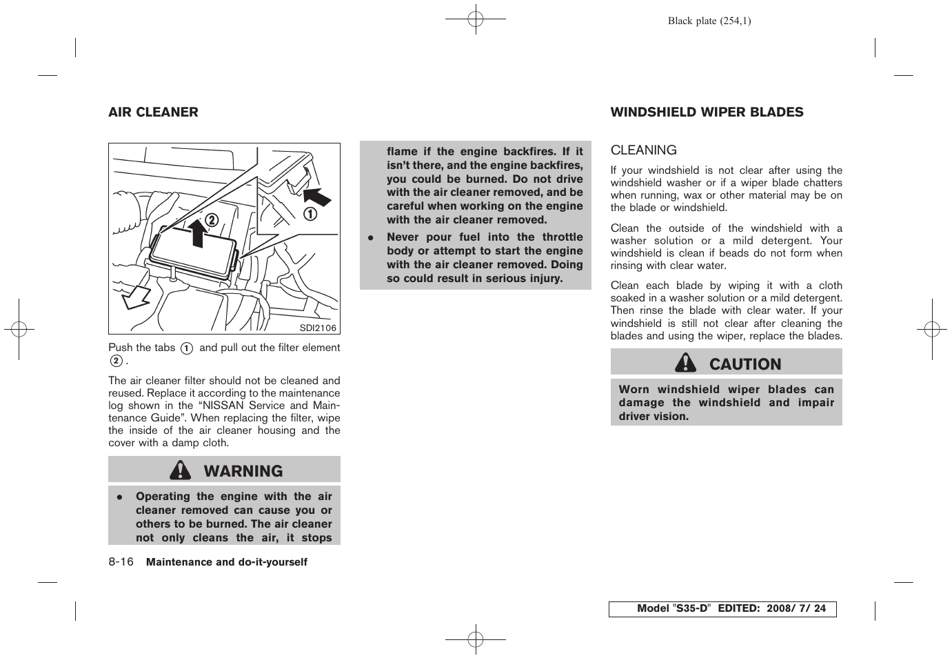Air cleaner -16 windshield wiper blades -16, Cleaning -16, Warning | Caution | NISSAN 2009 Rogue User Manual | Page 256 / 316