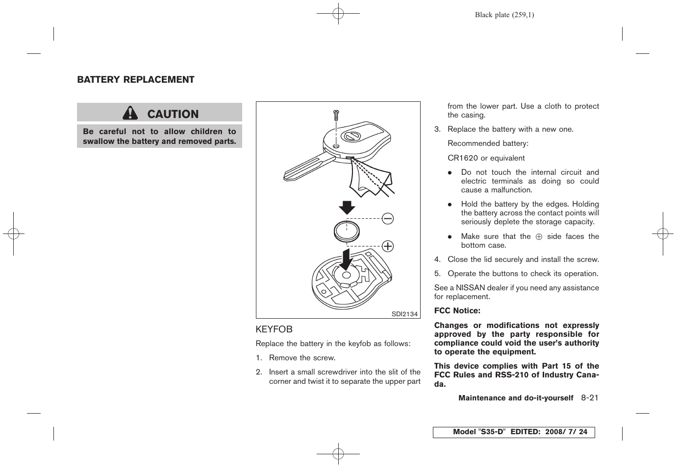 Battery replacement -21, Keyfob -21, Caution | NISSAN 2009 Rogue User Manual | Page 261 / 316
