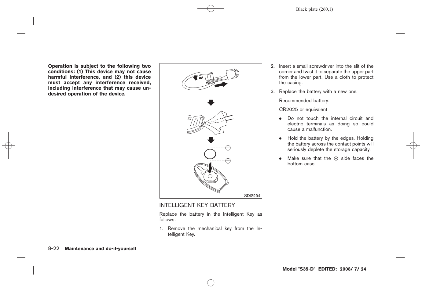 Intelligent key battery -22 | NISSAN 2009 Rogue User Manual | Page 262 / 316