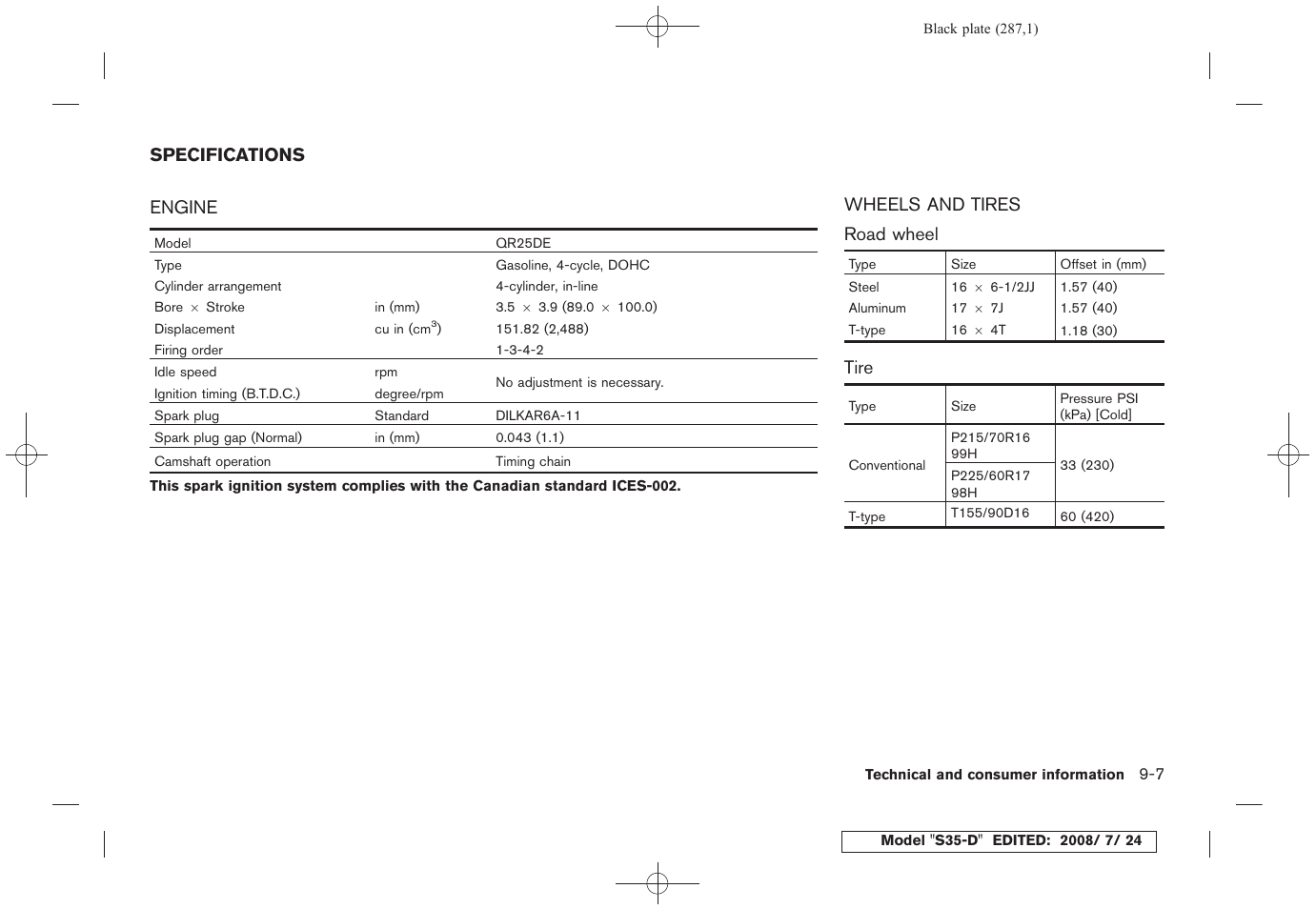 Specifications -7, Engine -7 wheels and tires -7 | NISSAN 2009 Rogue User Manual | Page 287 / 316