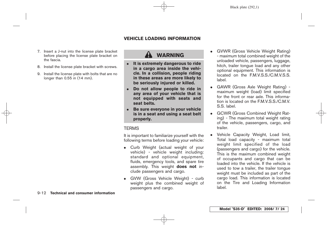 Vehicle loading information -12, Terms -12, Warning | NISSAN 2009 Rogue User Manual | Page 292 / 316