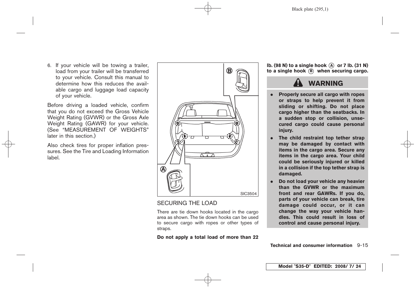 Securing the load -15, Warning | NISSAN 2009 Rogue User Manual | Page 295 / 316