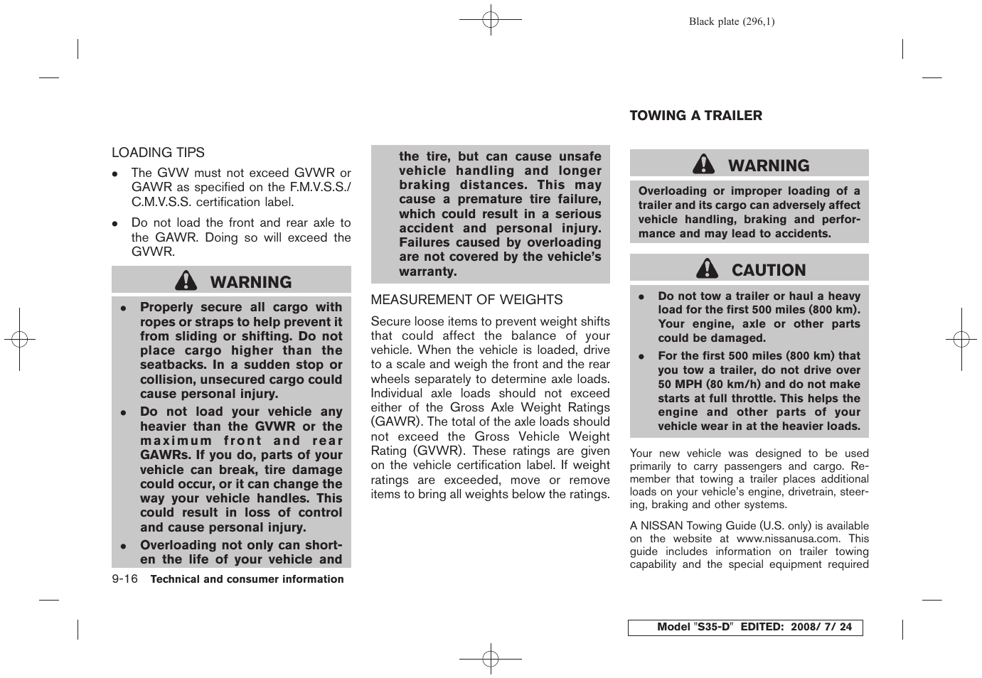 Loading tips -16 measurement of weights -16, Towing a trailer -16, Warning | Caution | NISSAN 2009 Rogue User Manual | Page 296 / 316