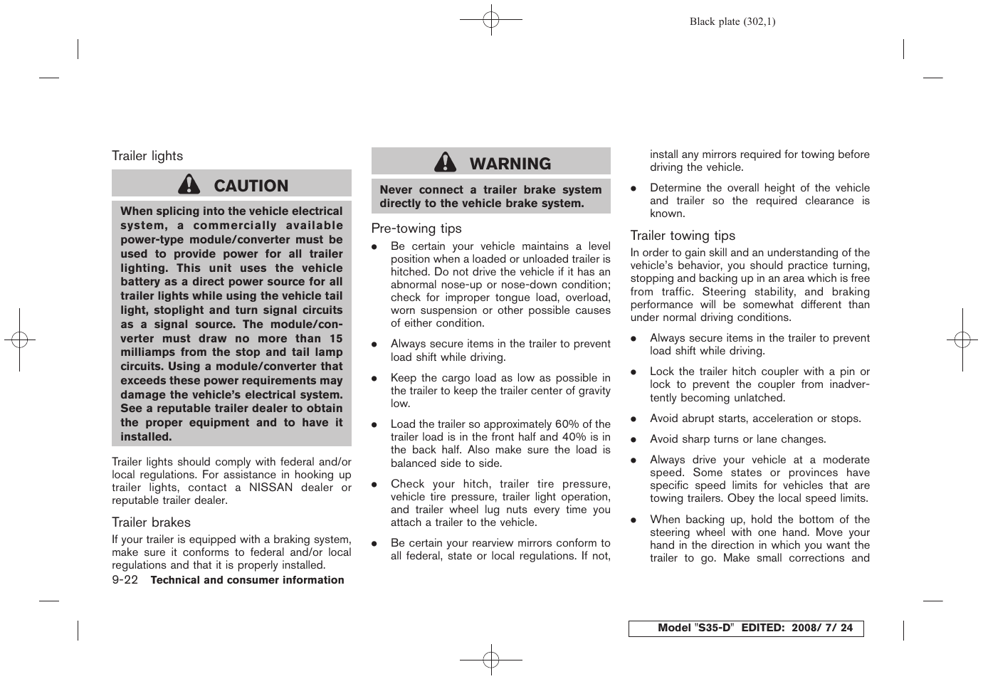 Caution, Warning | NISSAN 2009 Rogue User Manual | Page 302 / 316