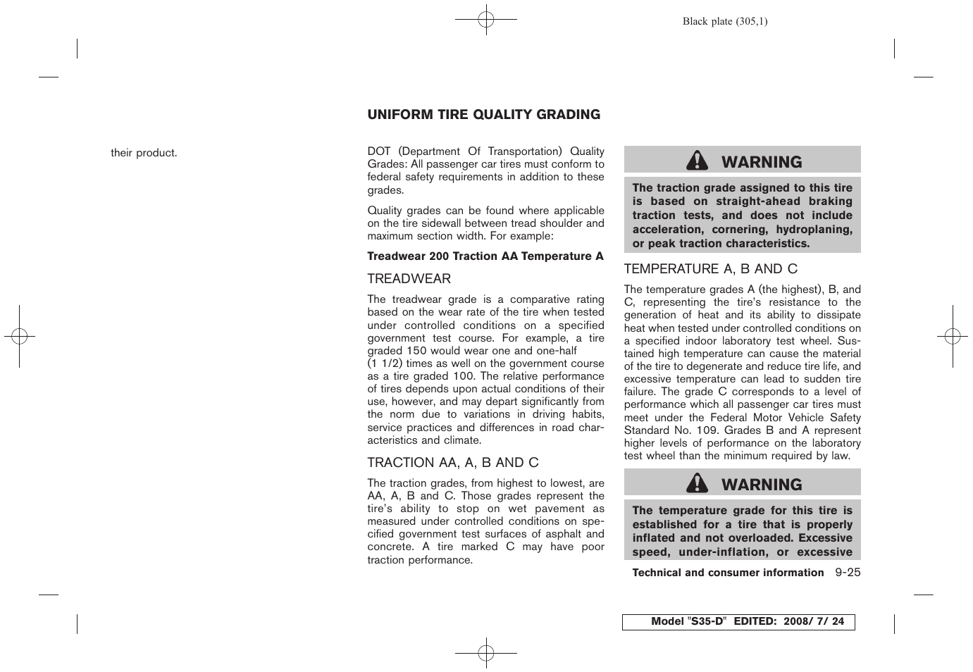 Uniform tire quality grading -25, Warning | NISSAN 2009 Rogue User Manual | Page 305 / 316