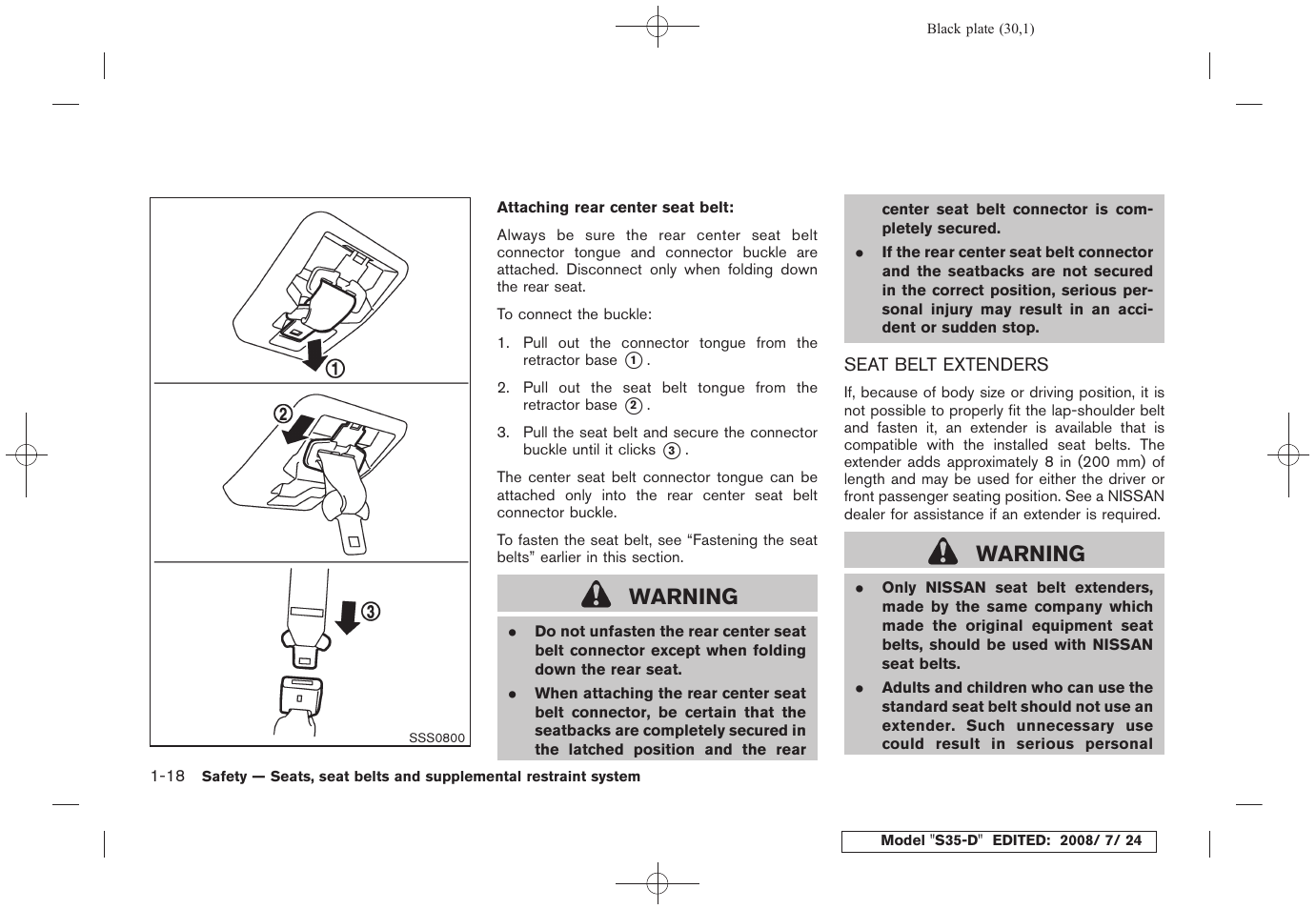 Seat belt extenders -18, Warning | NISSAN 2009 Rogue User Manual | Page 31 / 316