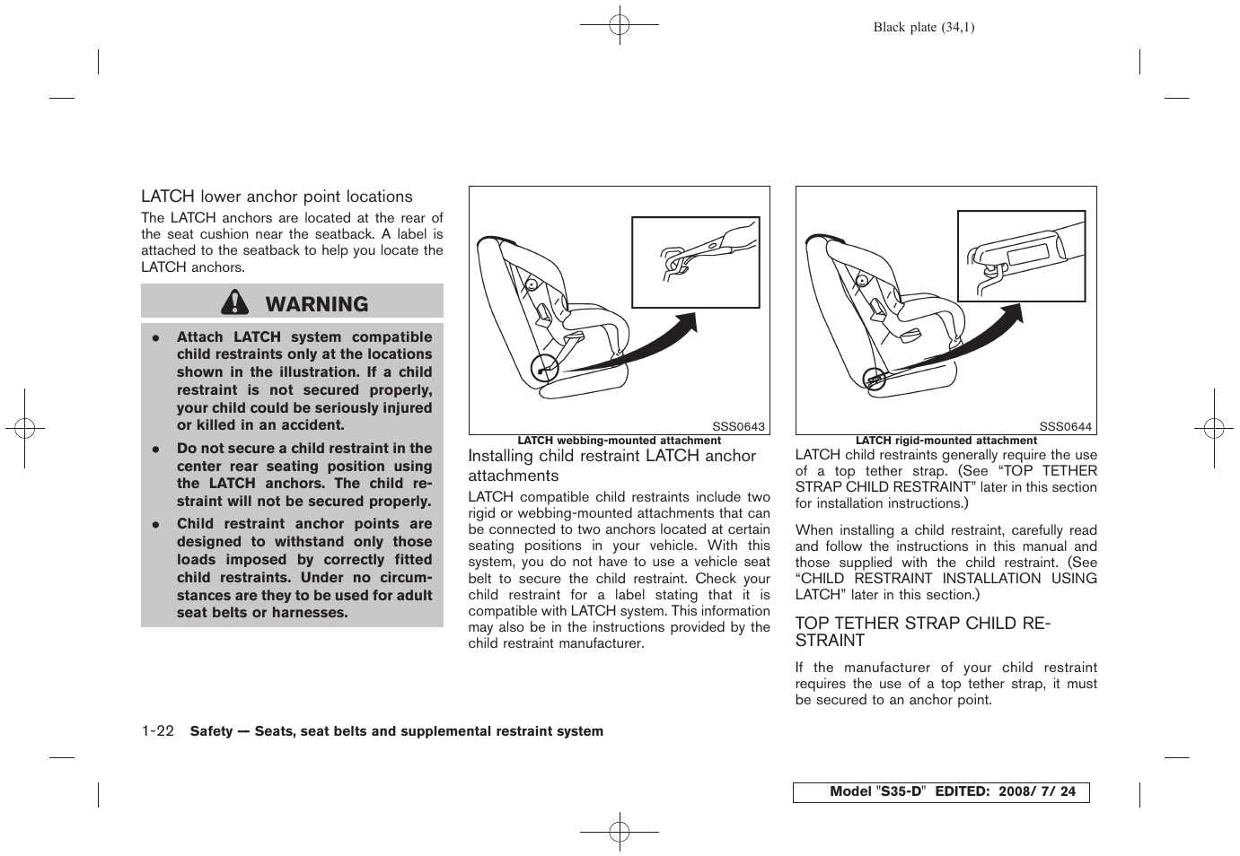 Top tether strap child restraint -22, Warning | NISSAN 2009 Rogue User Manual | Page 35 / 316