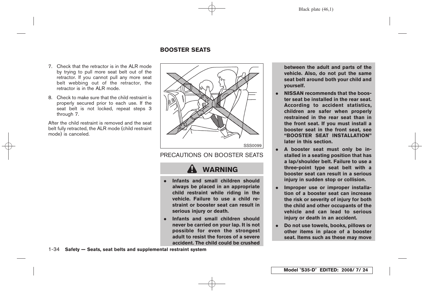 Booster seats -34, Precautions on booster seats -34, Warning | NISSAN 2009 Rogue User Manual | Page 47 / 316