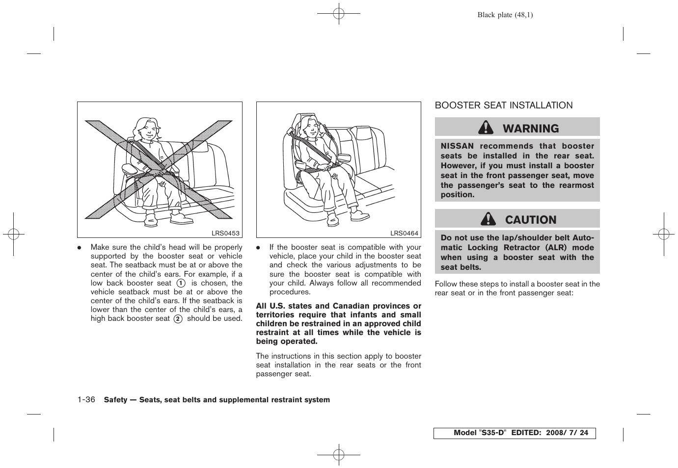 Booster seat installation -36, Warning, Caution | NISSAN 2009 Rogue User Manual | Page 49 / 316