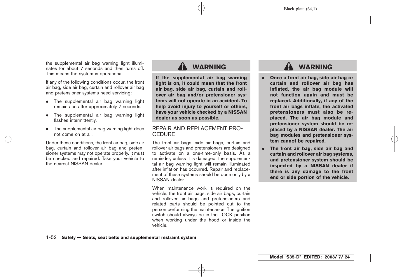 Repair and replacement procedure -52, Warning | NISSAN 2009 Rogue User Manual | Page 65 / 316