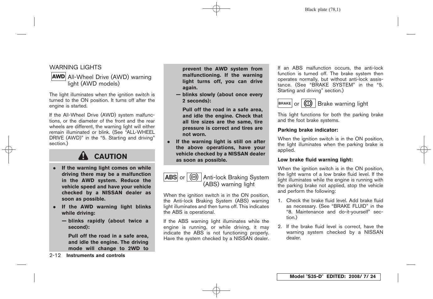 Warning lights -12, Caution | NISSAN 2009 Rogue User Manual | Page 80 / 316