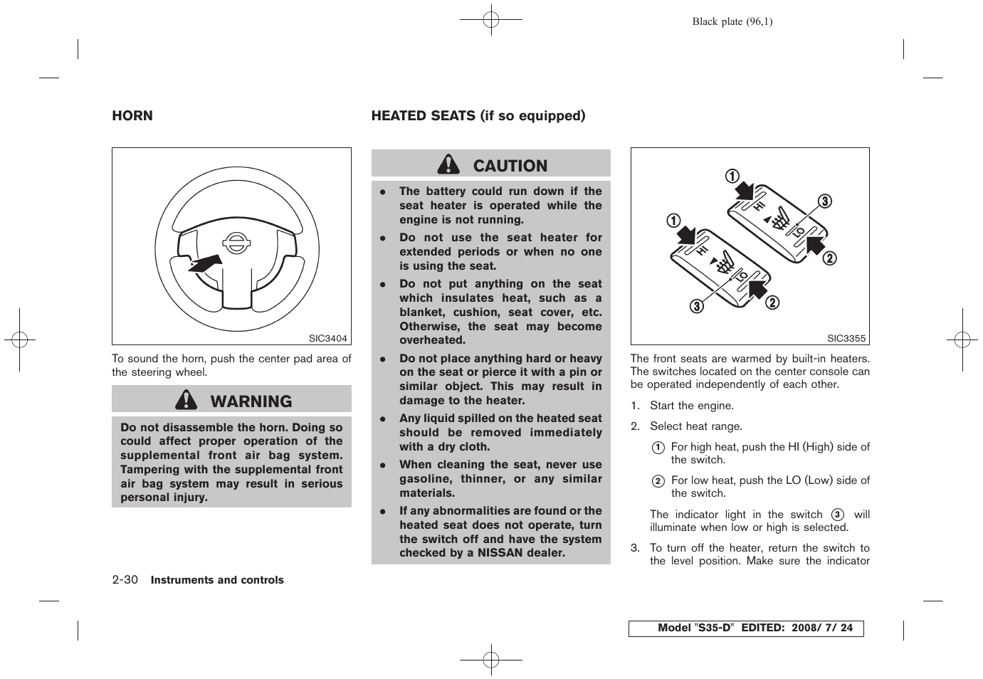 Horn -30 heated seats (if so equipped) -30, Warning, Caution | NISSAN 2009 Rogue User Manual | Page 98 / 316