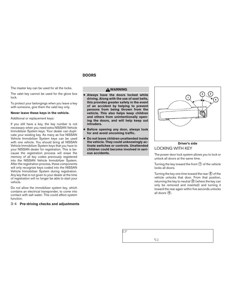 Doors -4, Locking with key -4 | NISSAN 2009 Pathfinder User Manual | Page 138 / 471