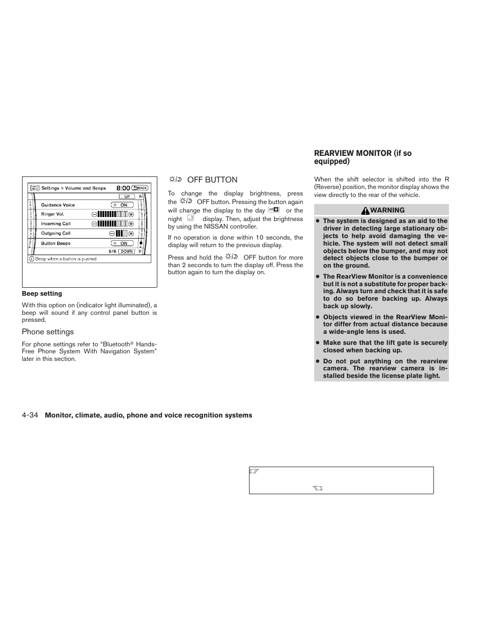 Off button -34, Rearview monitor (if so equipped) -34 | NISSAN 2009 Pathfinder User Manual | Page 200 / 471