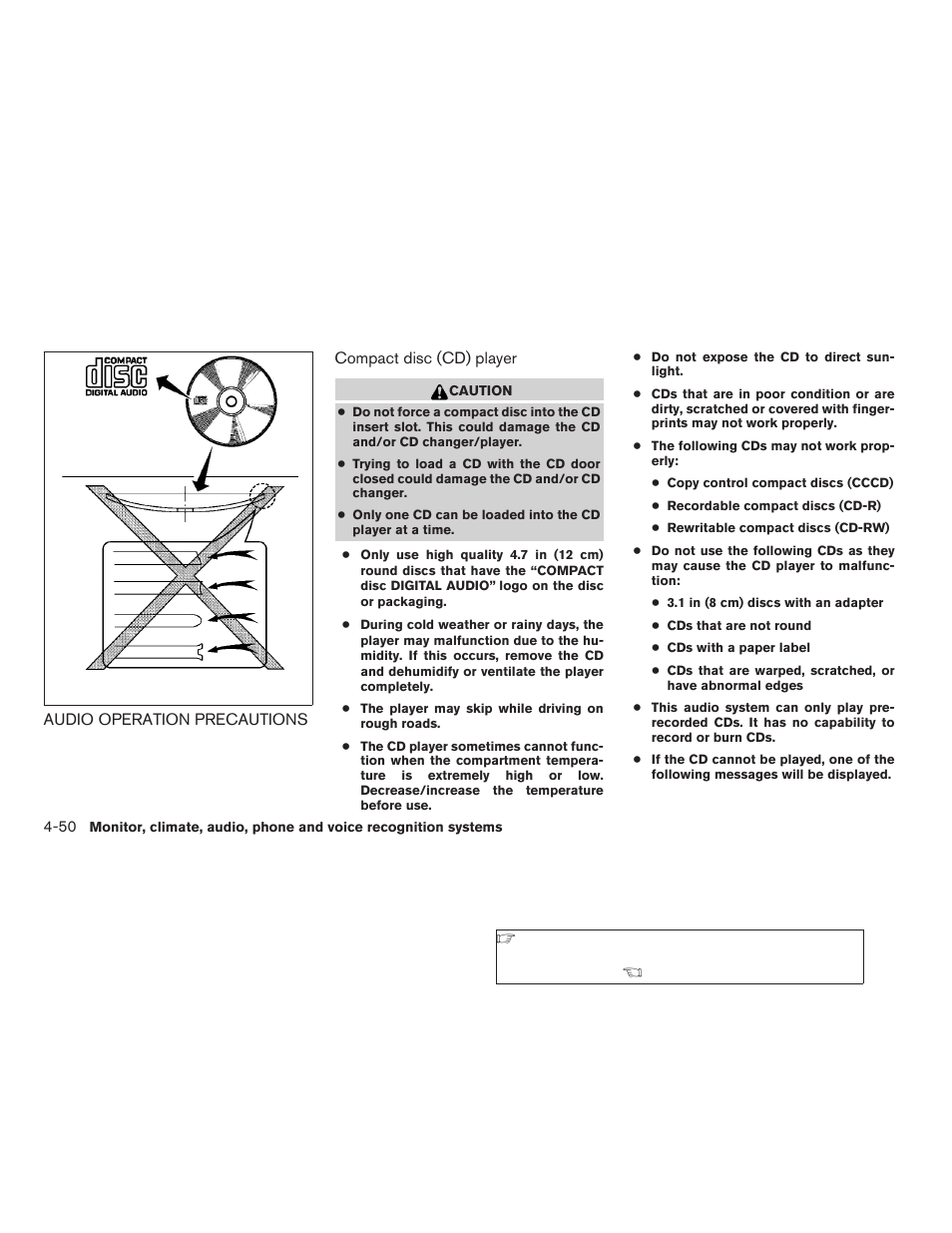 Audio operation precautions -50 | NISSAN 2009 Pathfinder User Manual | Page 216 / 471