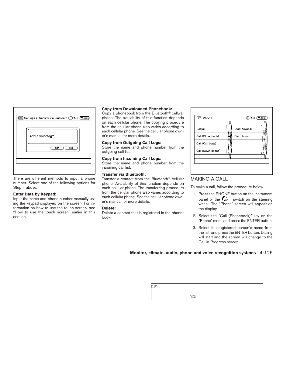 Making a call -125 | NISSAN 2009 Pathfinder User Manual | Page 291 / 471