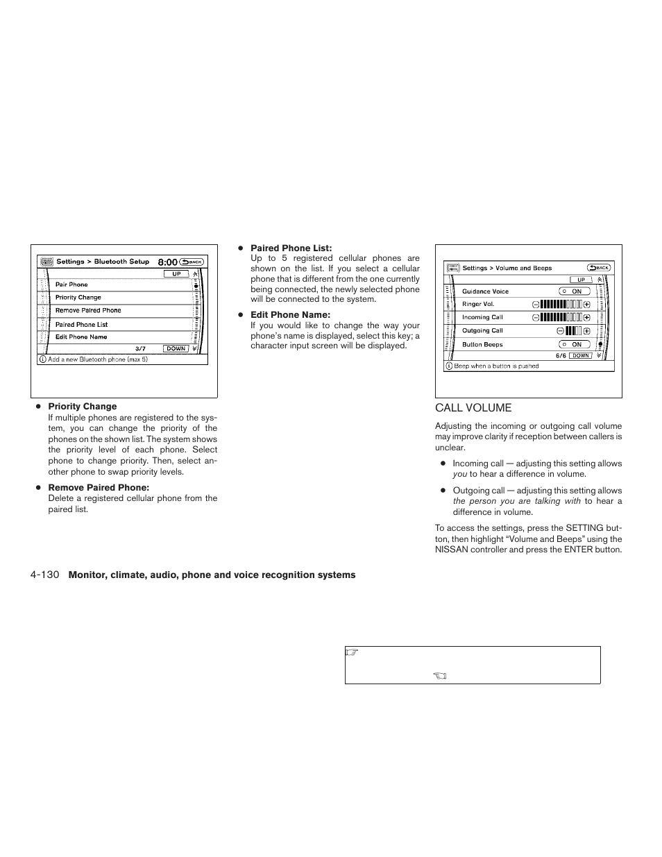 Call volume -130 | NISSAN 2009 Pathfinder User Manual | Page 296 / 471