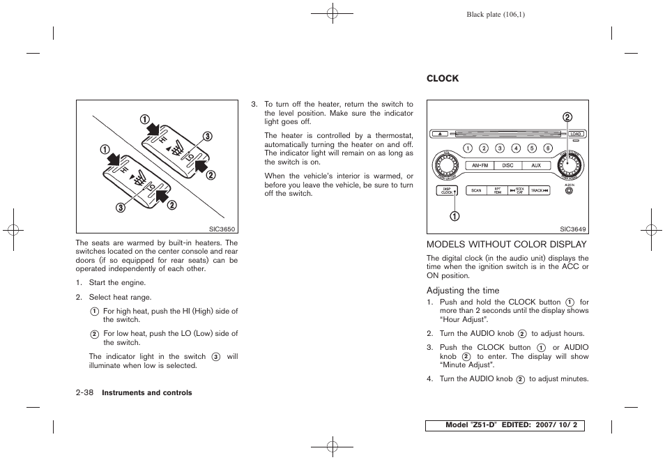 Clock -38, Models without color display -38 | NISSAN 2009 Murano User Manual | Page 108 / 443