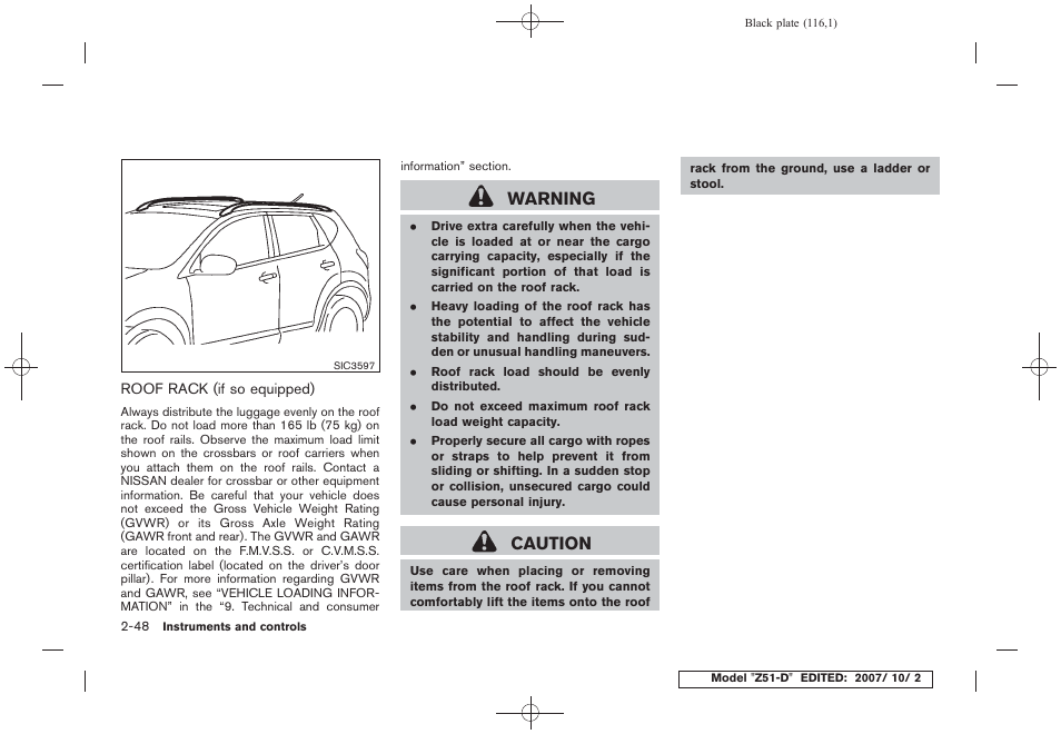 Roof rack (if so equipped) -48, Warning, Caution | NISSAN 2009 Murano User Manual | Page 118 / 443