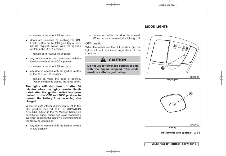 Mood lights -55, Caution | NISSAN 2009 Murano User Manual | Page 125 / 443