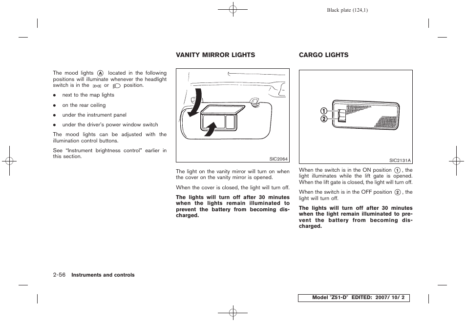 Vanity mirror lights -56, Cargo lights -56 | NISSAN 2009 Murano User Manual | Page 126 / 443