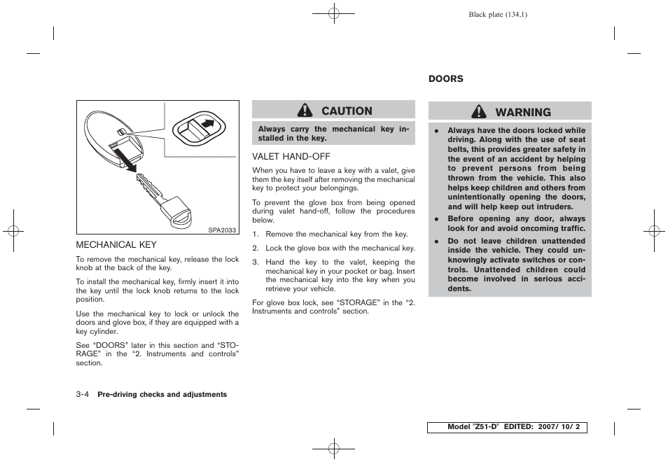 Mechanical key -4 valet hand-off -4, Doors -4, Caution | Warning | NISSAN 2009 Murano User Manual | Page 134 / 443