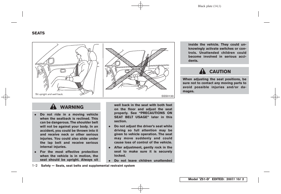 Seats -2, Warning, Caution | NISSAN 2009 Murano User Manual | Page 16 / 443