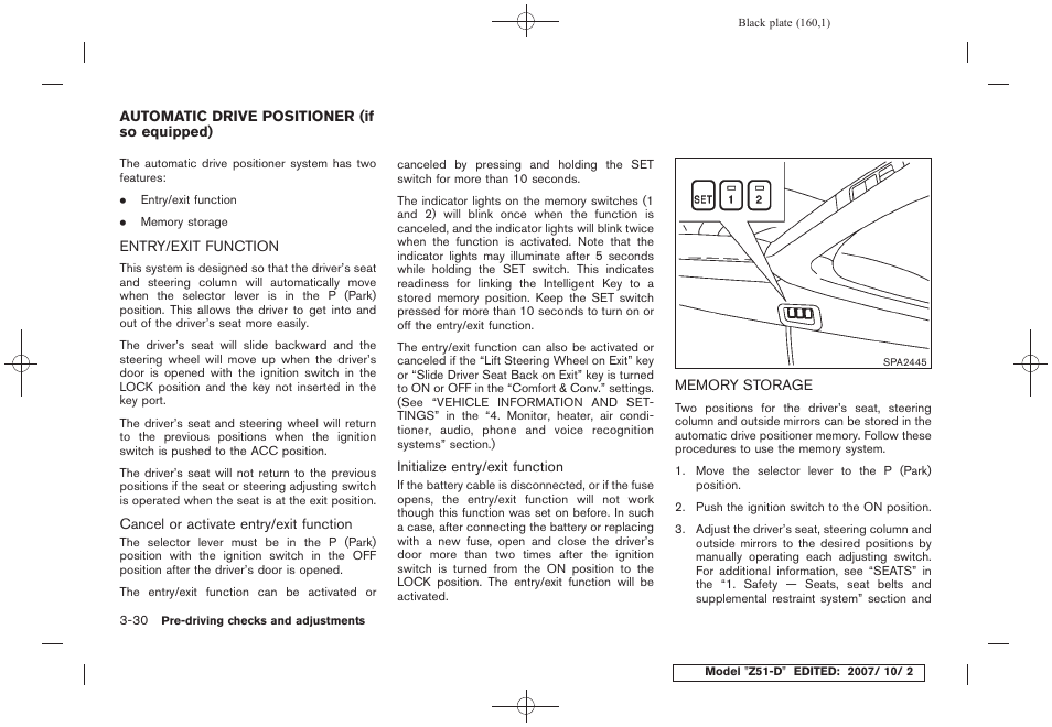 Automatic drive positioner (if so equipped) -30, Entry/exit function -30 memory storage -30 | NISSAN 2009 Murano User Manual | Page 160 / 443