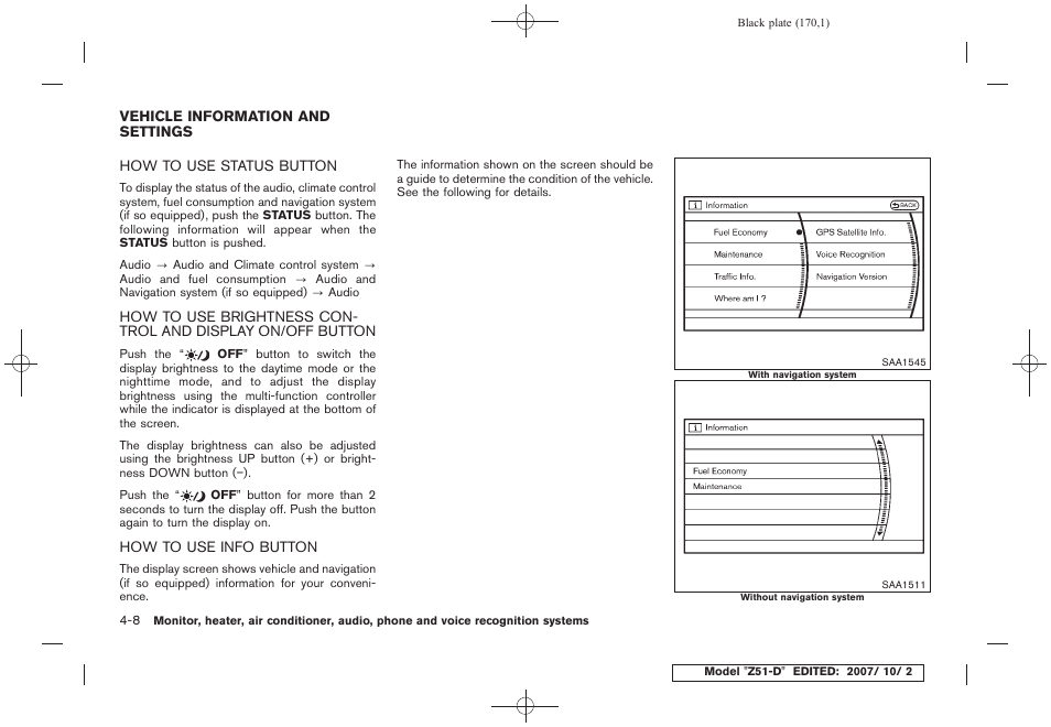 Vehicle information and settings -8 | NISSAN 2009 Murano User Manual | Page 172 / 443