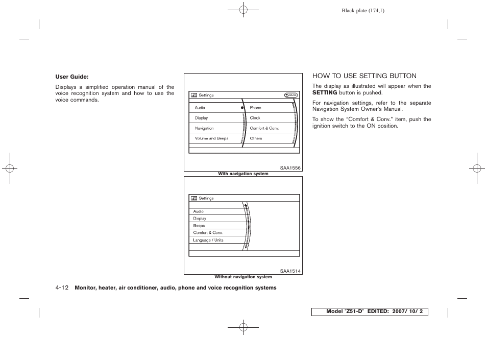 How to use setting button -12 | NISSAN 2009 Murano User Manual | Page 176 / 443