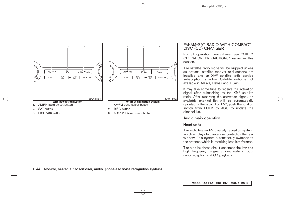 Fm-am-sat radio with compact disc (cd) changer -44 | NISSAN 2009 Murano User Manual | Page 208 / 443