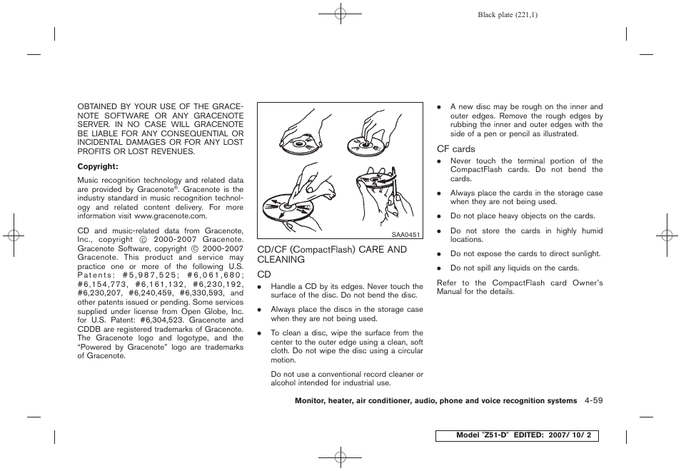 Cd/cf (compactflash) care and cleaning -59 | NISSAN 2009 Murano User Manual | Page 223 / 443